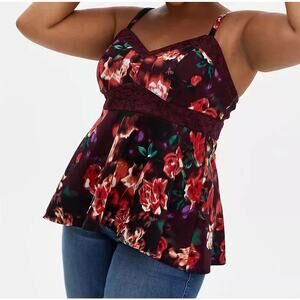 Torrid Scuba Knit and Lace Peplum Top V Neck Burgundy Purple Floral 1X Tank Top